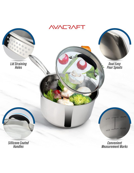 Cacerola AVACRAFT 1.5L Acero Inoxidable con Tapa Colador