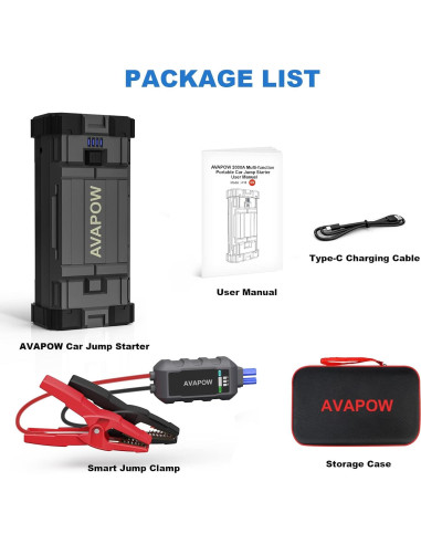 Arrancador de Coche AVAPOW A18 2000A USB Doble Carga Rápida