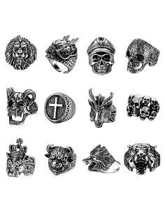 Juego de 12 Anillos Góticos Punk Vintage Ajustables