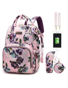 Mochila de Pañales Floral con Cargador USB y 14 Bolsillos
