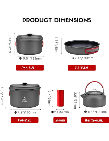 Juego de cocina Alocs 8 Piezas para Camping 2.2L y más