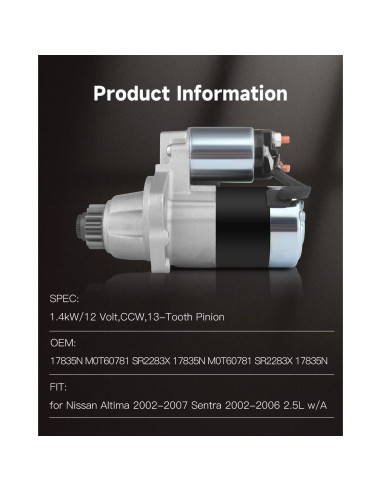 Arrancador OCPTY para Nissan Altima/Sentra 2.5L 2002-2007