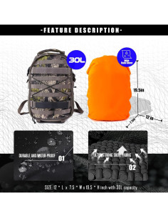 Mochila de Caza Camo con Soporte para Rifle 30L Impermeable 2
