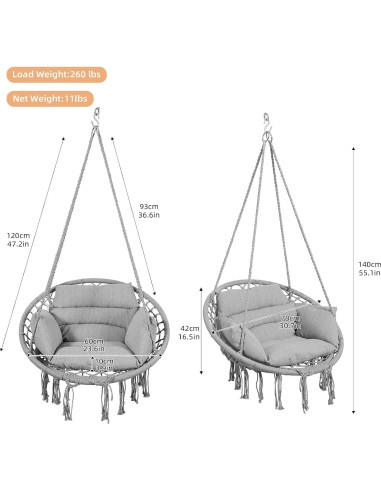 Silla Hamaca Goutime Gris con Cojín y Hardware Incluido