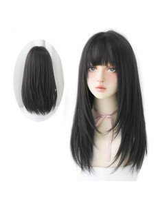 Peluca Larga Negra Lisa HUAISU con Flequillo Sintética
