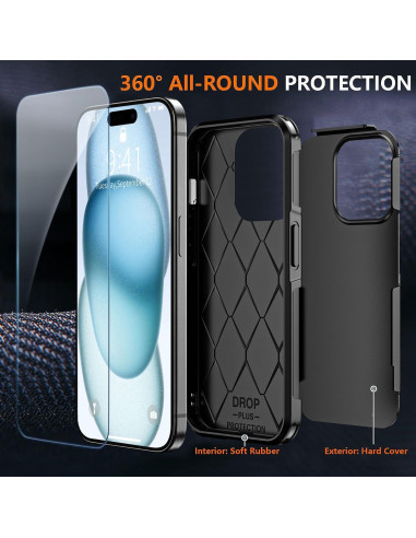 Funda a prueba de golpes AEDILYS para iPhone 15 + 2 protectores