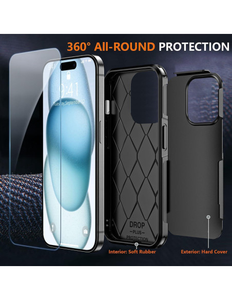 Funda a prueba de golpes AEDILYS para iPhone 15 + 2 protectores