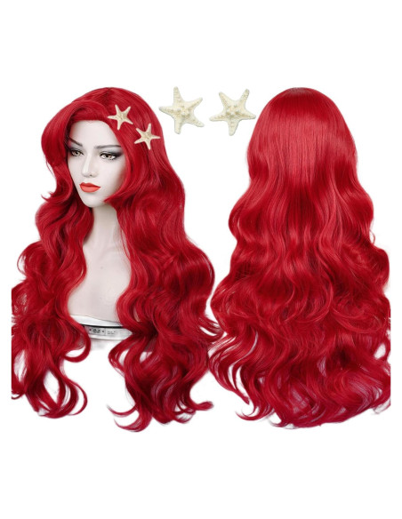 Peluca Sirena Roja Max Beauty con Clips y Capucha Ajustable