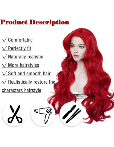 Peluca Sirena Roja Max Beauty con Clips y Capucha Ajustable
