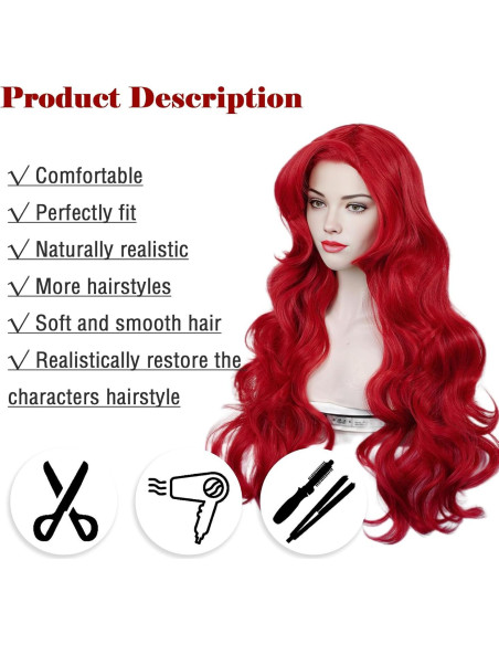 Peluca Sirena Roja Max Beauty con Clips y Capucha Ajustable