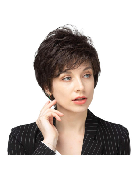 Peluca EMMOR Corta Pixie Cabello Humano Marrón Oscuro
