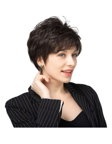 Peluca EMMOR Corta Pixie Cabello Humano Marrón Oscuro