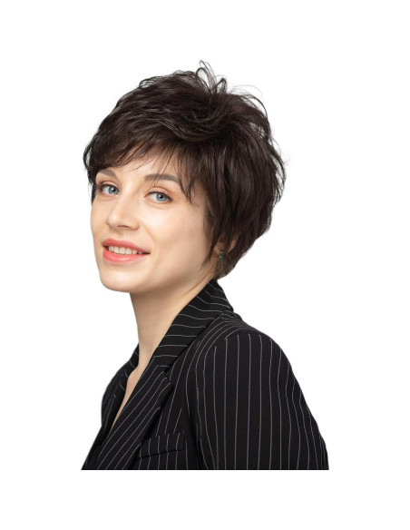 Peluca EMMOR Corta Pixie Cabello Humano Marrón Oscuro
