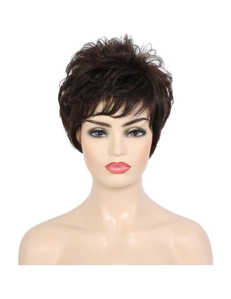 Peluca EMMOR Corta Pixie Cabello Humano Marrón Oscuro