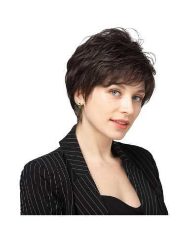 Peluca EMMOR Corta Pixie Cabello Humano Marrón Oscuro