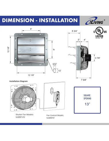Ventilador de Escape iLIVING 12" con Controlador Thermospeed