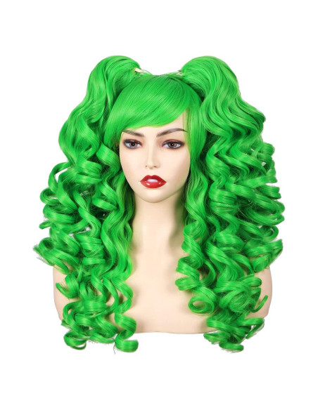 Peluca Rizada Cosplay ColorGround Verde con Coletas