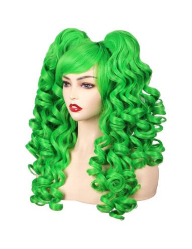 Peluca Rizada Cosplay ColorGround Verde con Coletas