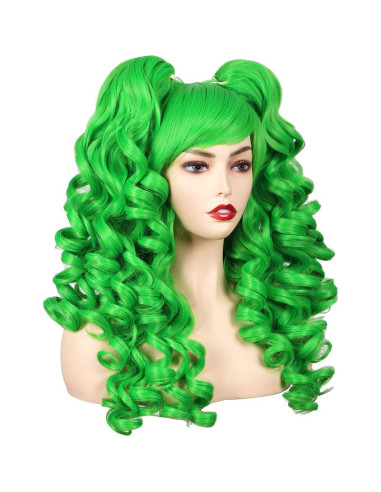 Peluca Rizada Cosplay ColorGround Verde con Coletas