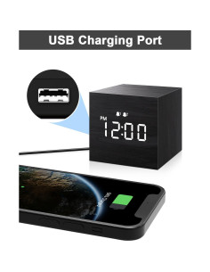 Reloj Despertador Digital JALL, Madera, Doble Alarma, Negro 2