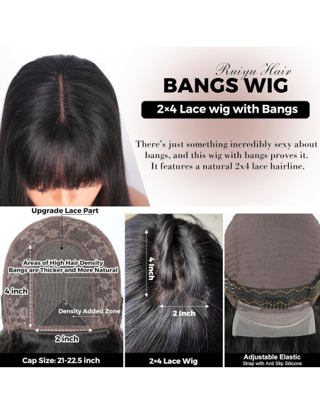 Peluca de cabello humano lacio 20" Ruiyu con flequillo