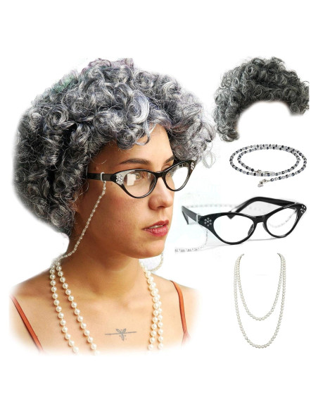 Disfraz de Abuela Vibe con Peluca Gris y Accesorios 5 Pzs