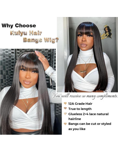 Peluca de cabello humano lacio 20" Ruiyu con flequillo