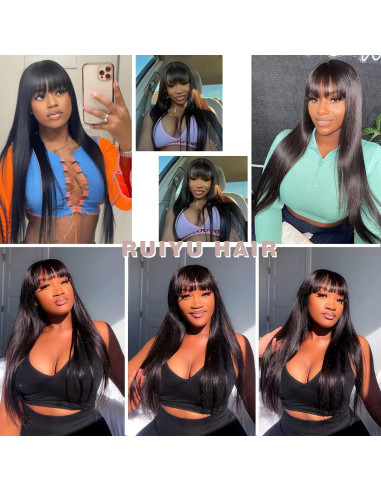 Peluca de cabello humano lacio 20" Ruiyu con flequillo