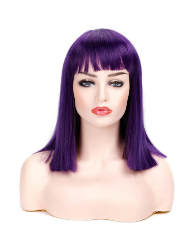 Peluca corta recta Morvally morada con flequillo 35.56 cm