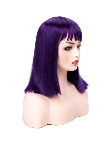 Peluca corta recta Morvally morada con flequillo 35.56 cm