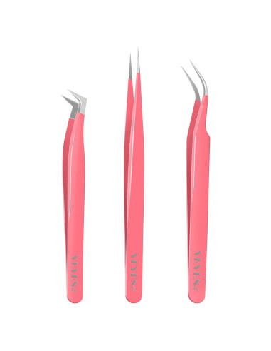 Pinzas VEYES INC para extensiones de pestañas 3 piezas Rosa