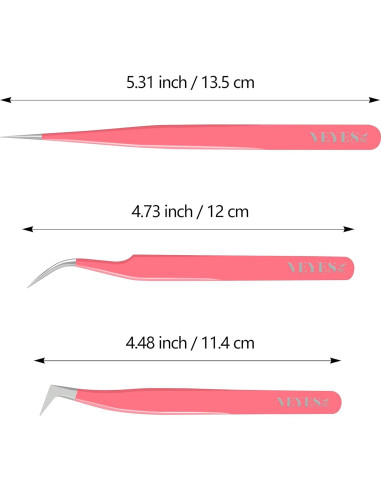 Pinzas VEYES INC para extensiones de pestañas 3 piezas Rosa