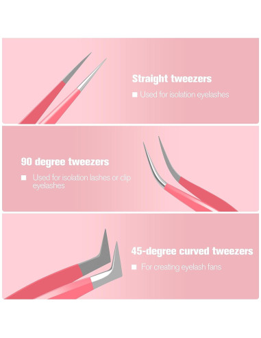 Pinzas VEYES INC para extensiones de pestañas 3 piezas Rosa