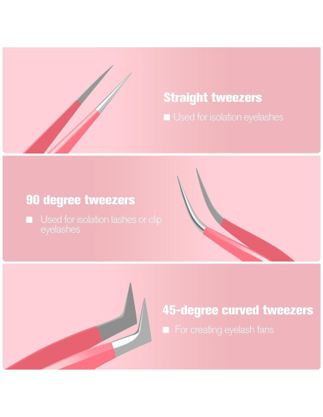 Pinzas VEYES INC para extensiones de pestañas 3 piezas Rosa Pinzas VEYES INC para extensiones de pestañas 3 piezas Rosa
