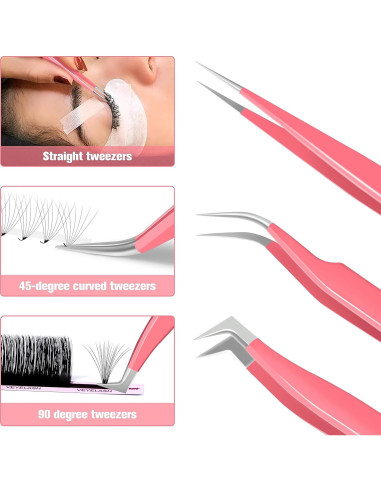 Pinzas VEYES INC para extensiones de pestañas 3 piezas Rosa