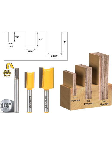 Juego de Brocas YONICO 14323q para Router 3 Brocas 1/4"