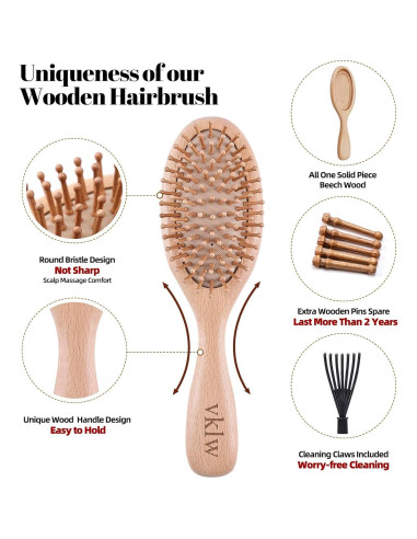 Cepillo y Peine de Madera VKLW, Antiestático, Incluye Garra