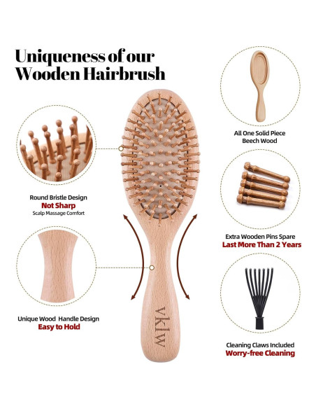 Cepillo y Peine de Madera VKLW, Antiestático, Incluye Garra Cepillo y Peine de Madera VKLW, Antiestático, Incluye Garra