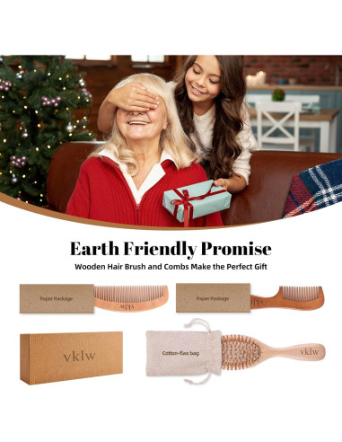 Cepillo y Peine de Madera VKLW, Antiestático, Incluye Garra