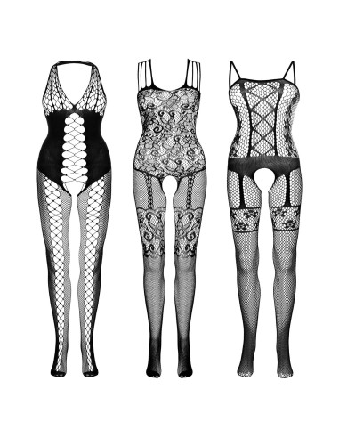 Fengek 3 Piezas Bodysuits Mallas Lencería Mujeres Negro