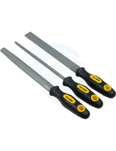 Juego de 3 limas de acero al carbono Tolsen - Redonda, Plana, Media Ronda