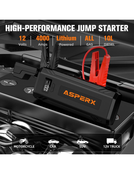 AsperX Arrancador de Salto AX4000 4000A 12V con Luz LED
