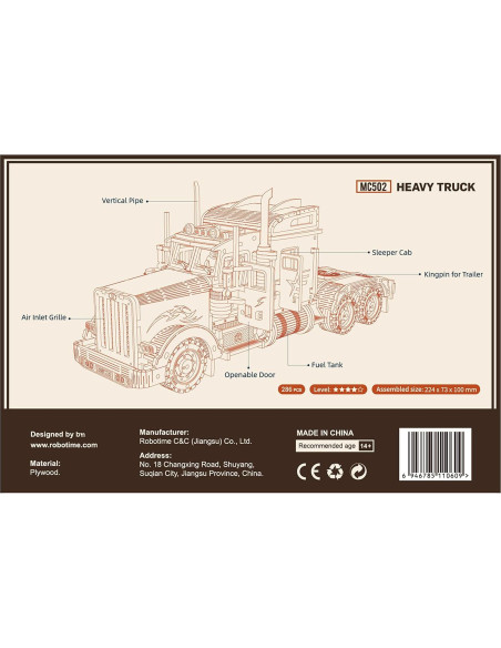 Kit de Rompecabezas 3D Rowood Camión Pesado 286 Piezas