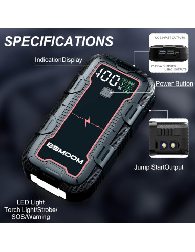 Arrancador de Batería BSMOOM 4000A Portátil con Luz LED