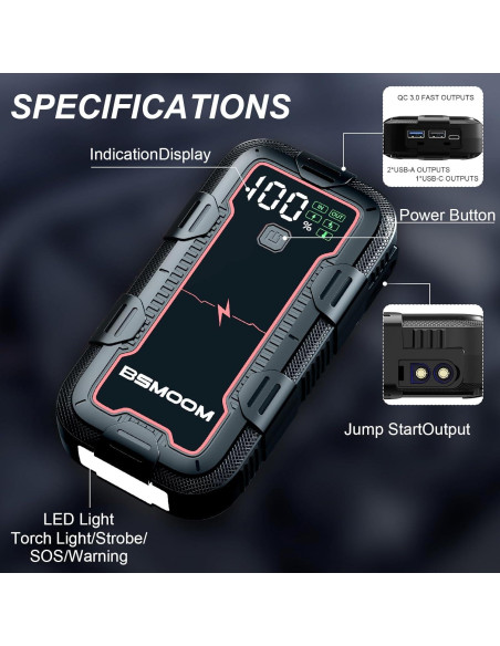 Arrancador de Batería BSMOOM 4000A Portátil con Luz LED