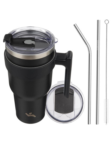 Taza Aislada Konokyo 1.19 kg 40 oz Negra con Asa y Popotes