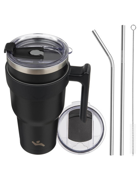 Taza Aislada Konokyo 1.19 kg 40 oz Negra con Asa y Popotes