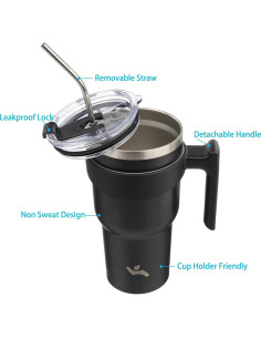 Taza Aislada Konokyo 1.19 kg 40 oz Negra con Asa y Popotes 2