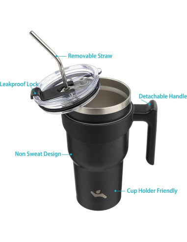 Taza Aislada Konokyo 1.19 kg 40 oz Negra con Asa y Popotes