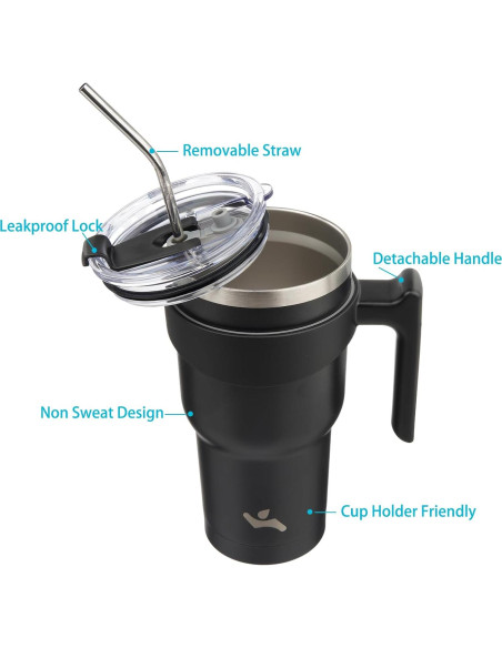 Taza Aislada Konokyo 1.19 kg 40 oz Negra con Asa y Popotes